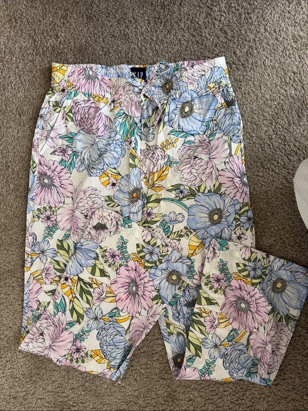 GAP Floral Wide-Leg Pants in Pastel Pink, Blue, Yellow, Green on Cream